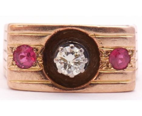 Diamond and ruby ring featuring a round brilliant cut diamond, 0.33ct approx, multi-claw set and raised between a small ruby 