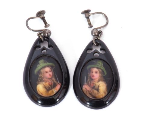 Pair of vintage jet portrait earrings, the porcelain panels transfer and painted with portraits of a Dutch figure, screw on f