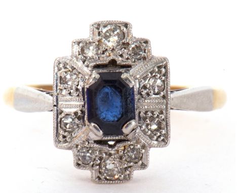 Art Deco sapphire and diamond cluster ring, the cushion cut sapphire 6 x 4mm surrounded by eight small diamonds, stamped 18ct