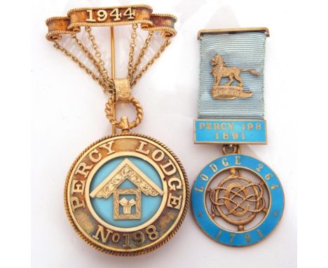 Masonic interest, a silver gilt jewel or medallion, Percy Lodge No 198, suspended from a 1944 ribbon, chain and bale fittings