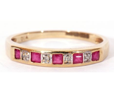 Modern 9ct gold diamond and ruby ring, alternate set with five calibre cut rubies and four small diamonds, size N