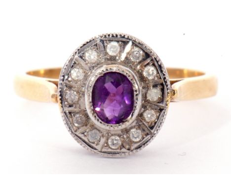 18ct gold amethyst and diamond ring, centring a bezel set oval amethyst raised above a small diamond set surround, size M/N