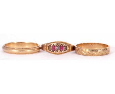 Mixed Lot: Victorian 9ct gold ruby and seed pearl ring, alternate set with two oval rubies and three small seed pearls (a/f),