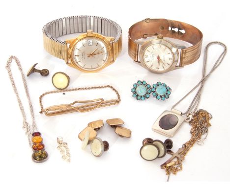 Two vintage jewel cases to include costume jewellery and two gents wrist watches, Timex and Posoh