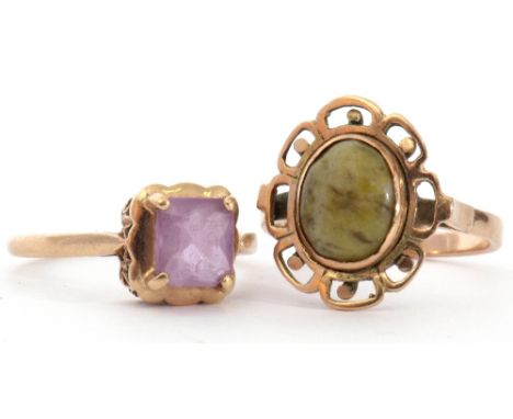 Mixed Lot: 9ct gold amethyst ring, cushion cut, London 1975, size Q, together with a 9ct gold hardstone dress ring, size P, g