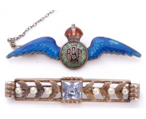 Mixed Lot: sterling and enamel RAF wings brooch, together with a 935 stamped open work brooch, rectangular shape centring a s