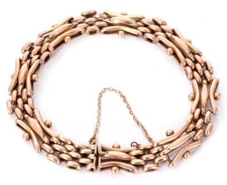Antique 9ct stamped gate bracelet, a three-bar gate link design joined by mesh work design links, safety chain fitting, 13.9g