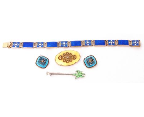 Mixed Lot: Vintage Ivar T Holth sterling and yellow enamel oval brooch, 35mm long, a Bernard Meldahl sterling and enamel pane