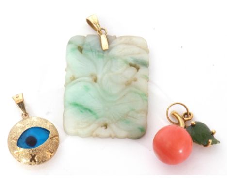 Mixed Lot: carved jade pendant suspended from a 14K stamped bale, a 585 stamped pendant with a glazed "All Seeing Eye" togeth