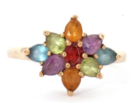 9ct gold multi-gem cluster ring, designed with various shaped claw set gems including amethyst, topaz, and citrine etc, size 