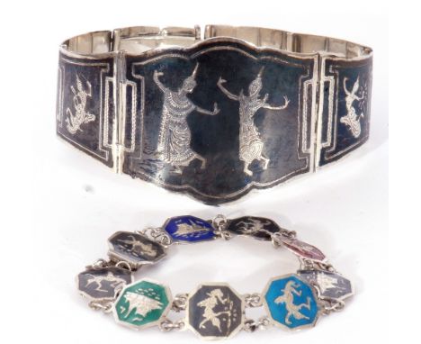 Mixed Lot: large Siamese niello bracelet, a design of graduated panels engraved/etched with dancing figures, stamped Sterling