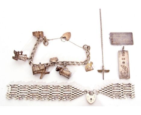 Mixed Lot: silver gate bracelet (broken), a silver curb link bracelet suspending six white metal charms, two hallmarked silve
