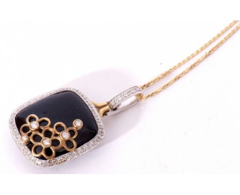 14k stamped white gold, onyx and diamond vintage inspired filigree pendant, a rectangular cushion shaped black onyx panel app