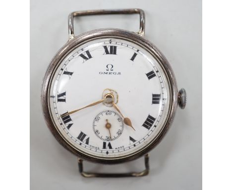 A gentleman's 1920's 925 Omega manual wind wrist watch, no strap, case diameter 32mm.