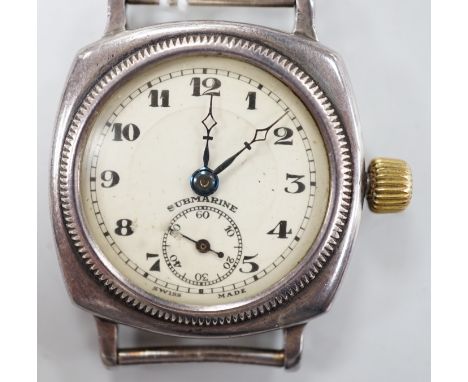 A 1930's? silver manual wind wrist watch, the dial inscribed 'Submarine', with subsidiary seconds, case diameter 30mm, no str
