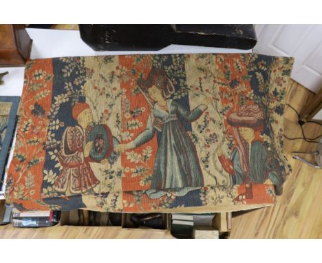 A machine tapestry manufactured by Robert Four, depicting a Medieval figurative scene, 160cm wide, 127cm high