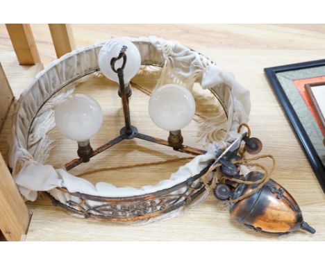 An Edwardian copper rise and fall ceiling light, 46cm diameter
