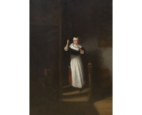 After Frans van Mieris (1635 - 1681), oil on panel, Interior with woman on a staircase, 39 x 31cm