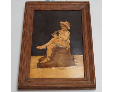 A Sorrentoware marquetry panel of a boy playing a flute, 14cm wide, 21.5cm high