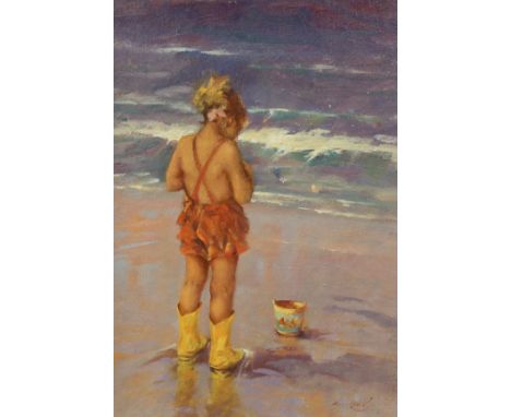 Ken Moroney (1949-2018), oil on wooden panel, Child on the seashore, signed, 24.5 x 17cm