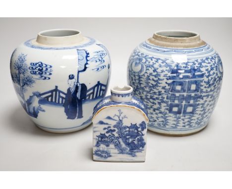 Two Chinese blue and white jars and a similar tea caddy