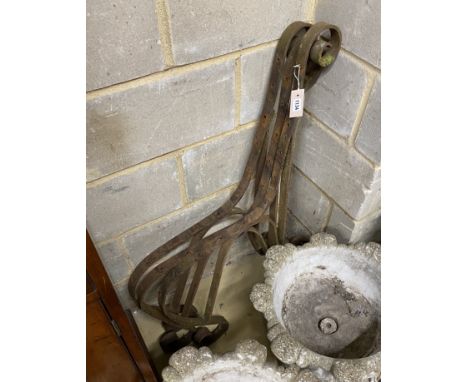 Three wrought iron bench ends / supports, height 100cm