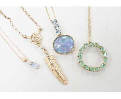 Three assorted modern 9ct or yellow metal and gem set pendants, on 9ct chains including opal doublet and blue topaz, feather 