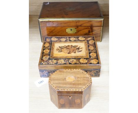 A mahogany brass bound writing slope, an octagonal inlaid tea caddy and a Tunbridgeware box, 26cm wide, 22cm deep