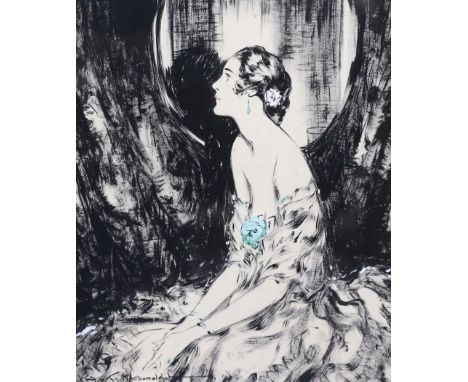 Alistair K. Macdonald (Scottish, 1880-1948), ink and gouache, Seated woman within a dressing room, signed, 28 x 24cm