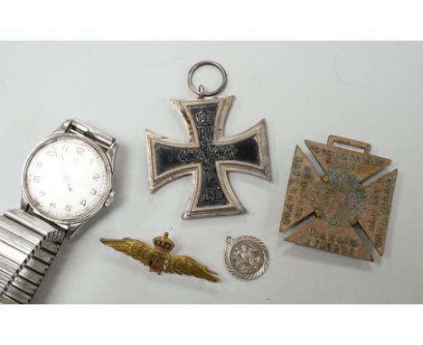 A 1940's/1950's? stainless steel Omega mid-size manual wind wrist watch, on associated bracelet, together with for other item