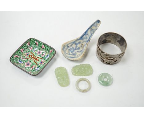 Four Chinese jade items, a pottery spoon, napkin ring and enamel dish, dish 6.5cm wide