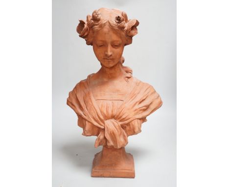 An Art Nouveau-style terracotta portrait bust of a young girl, 46cm high