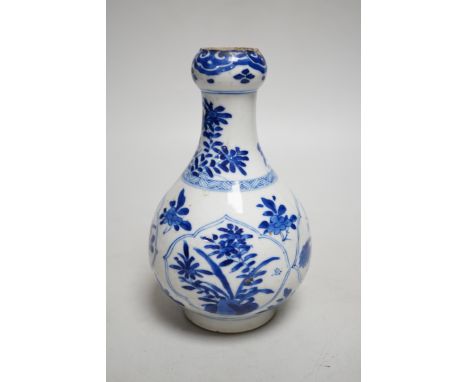 A Chinese blue and white garlic neck bottle, Kangxi period, 16cm, neck cut down Provenance - UK private collection, 1920s or 
