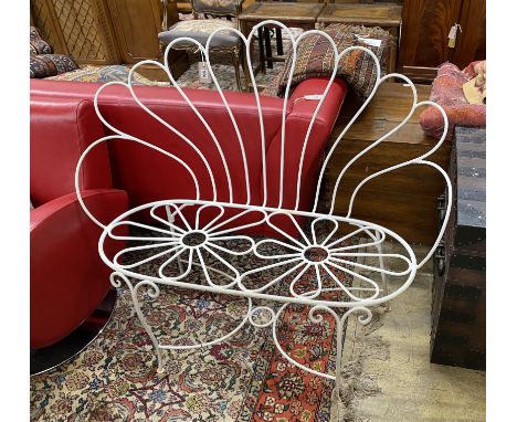 A painted wrought iron garden bench, length 113cm, depth 46cm, height 102cm