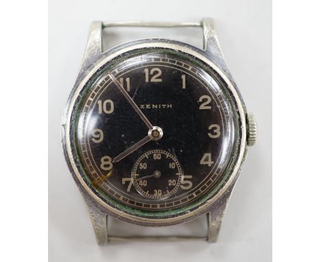 A 1930's/1940's? stainless steel Zenith black dial manual wind wrist watch, case diameter 30mm, no strap.