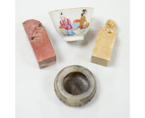 Two Chinese soapstone seals, a jade bowl, and a tea bowl, tea bowl 6.5cm diameter