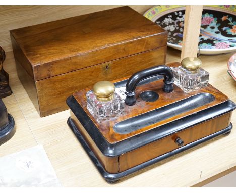 A fitted ink/desk stand and a writing slope, inkstand 36cm x 25cm deep (2)