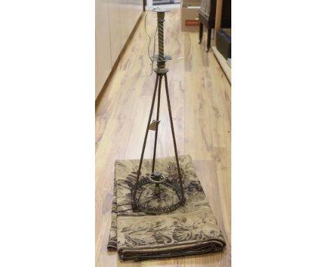 A brass ceiling light fitting and machine tapestry, light fitting 81cm high