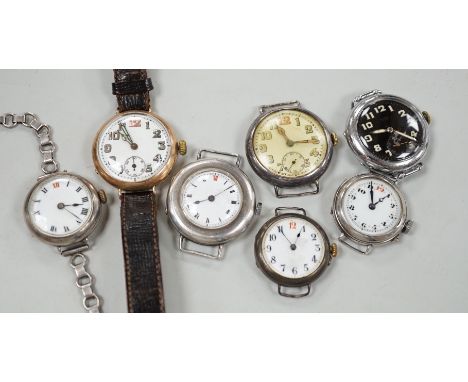 A gentleman's early 20th century 9ct gold manual wind wrist watch and six other wrist watches including silver.