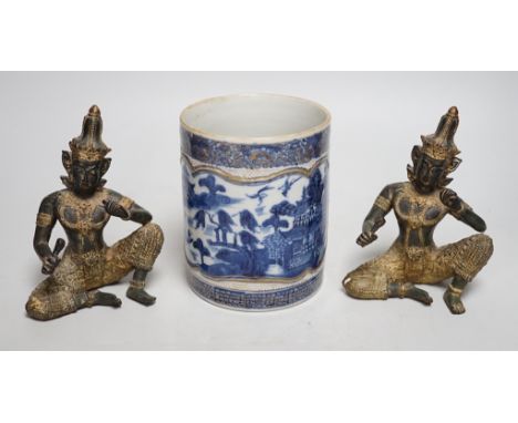 An 18th century Chinese export blue and white mug and two Thai bronze figures, mug 13cm tall