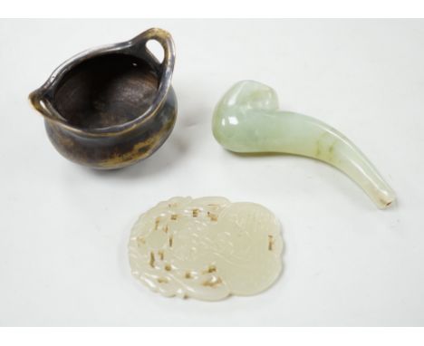 Two Chinese jade carvings and a miniature bronze censer, 7cm wide