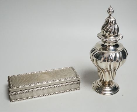 A George V engine turned rectangular silver box and cover by Goldsmiths &amp; Silversmiths Co Ltd, London, 1911, 15.2cm and a