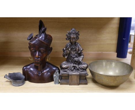 Two Chinese bronze figures, a similar bowl, an iron, and a Balinese wood bust etc, deity 32cm high