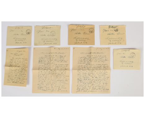 A Group of WWII German Army Personal Letters. Five letters in envelopes, all postmarked 'Feldpost' (Field post) along with th