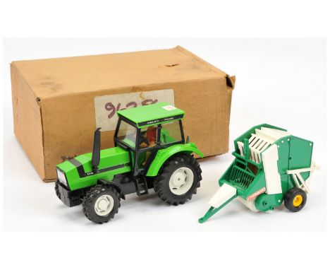 Britains - RARE Sample Set No. 9628. Comprising Deutz-Fahr DX6.50 tractor plus round baler (tractor labelled 'Sample Only'), 