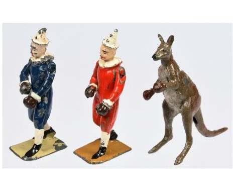 Britains - Pre-War Circus Figures. Comprising: 2 x #447B 'Boxing Clown' &amp; #447B 'Boxing Kangaroo'. Circa 1936. Conditions