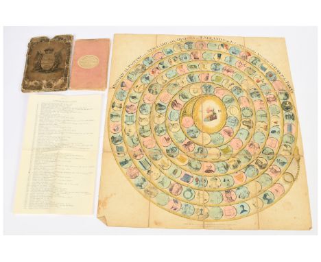 Historical Pastime of England - Antique Board Game (1803). Comprising: Canvas-type playing surface, 'Rule and Directions' boo