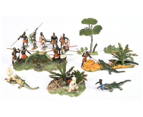 Heyde - EXTREMELY RARE 'Crocodile Hunt'. 48mm solid figures, circa 1900. Made by Georg Heyde &amp; Co., Dresden, Germany. Con