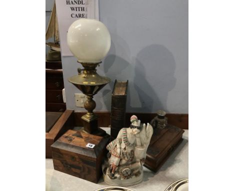 An oil lamp, Staffordshire flatback, tea caddy and inkstand etc.
