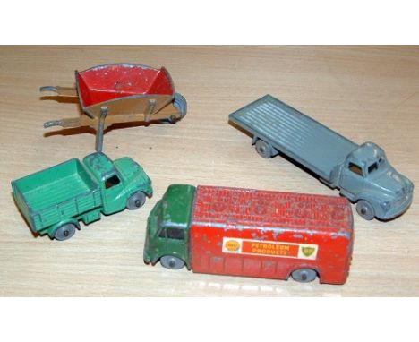  DINKY DUBLO x 3 and a Wheelbarrow - 064 Green Austin Lorry, 066 Bedford Flat Truck and 970 Shell - BP AEC Tanker (all Fair P